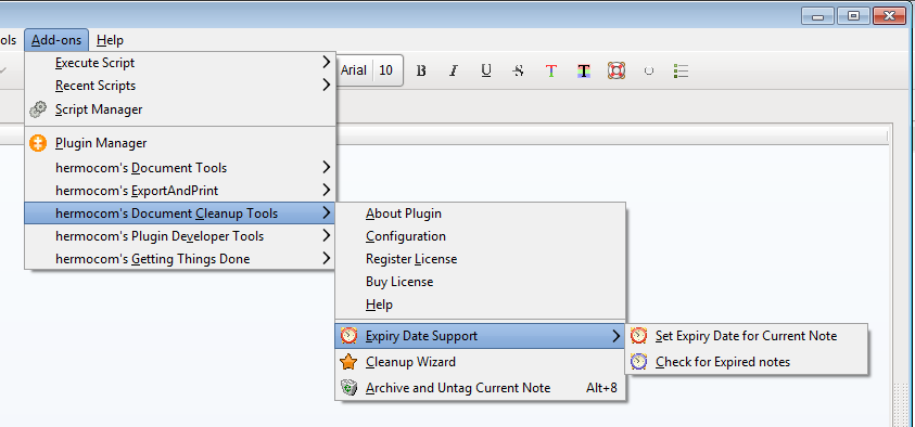 Screenshot of the Document Cleanup Tools Plugin menu
